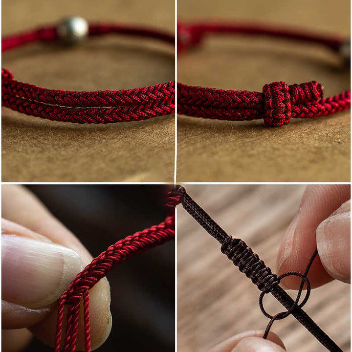 Pulsera de la suerte trenzada con cuentas Fu de plata de ley 925 y Buddha Stones hecha a mano