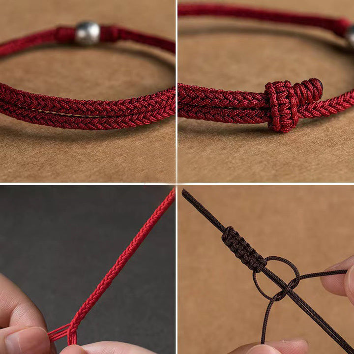 Pulsera de la suerte trenzada con cuentas Fu de plata de ley 925 y Buddha Stones hecha a mano