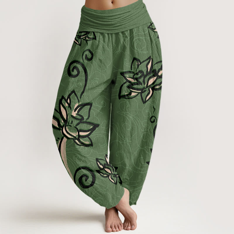 Pantalón tipo harem de cintura elástica para mujer, con diseño informal de nubes auspiciosas y Buddha Stones, de algodón. - Verde mar medio - US22，UK/AU26，EU54 (6XL) - image 0