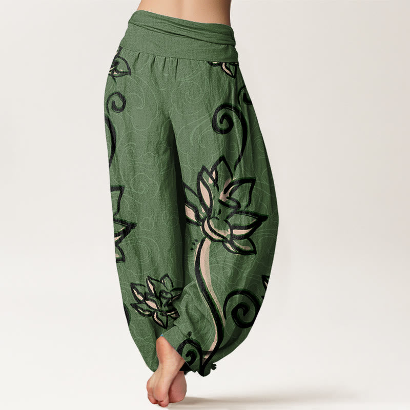 Pantalón tipo harem de cintura elástica para mujer, con diseño informal de nubes auspiciosas y Buddha Stones, de algodón. - image 1