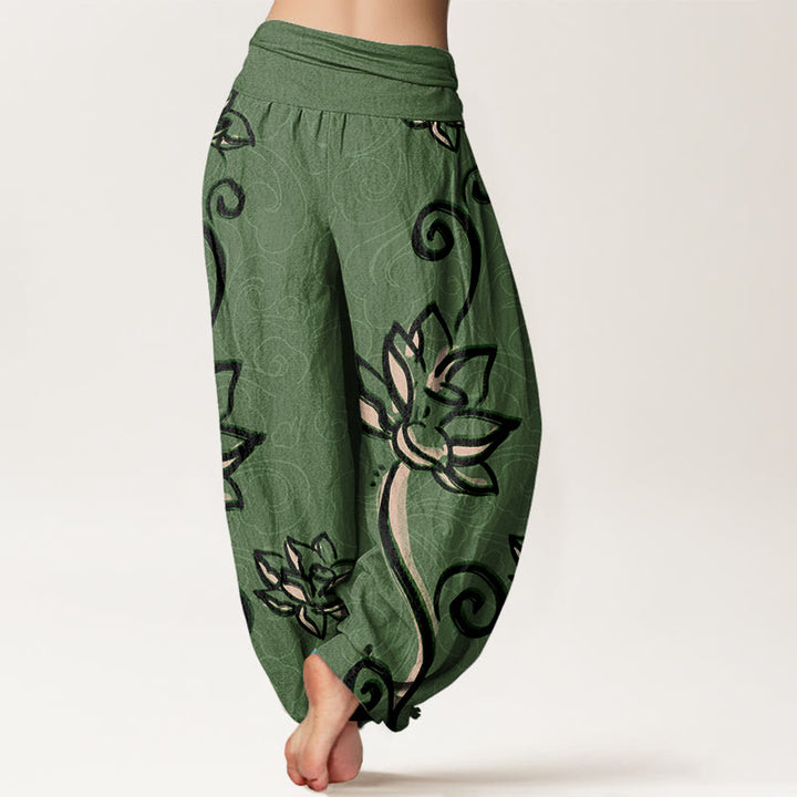 Pantalones harén con cintura elástica para mujer, diseño informal de nubes auspiciosas y Buddha Stones - image 1