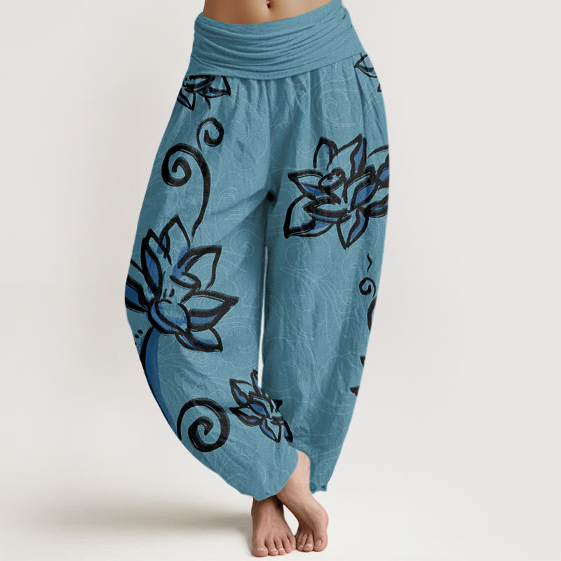 Pantalones harén con cintura elástica para mujer, diseño informal de nubes auspiciosas y Buddha Stones - Turquesa medio - US22，UK/AU26，EU54 (6XL) - image 4