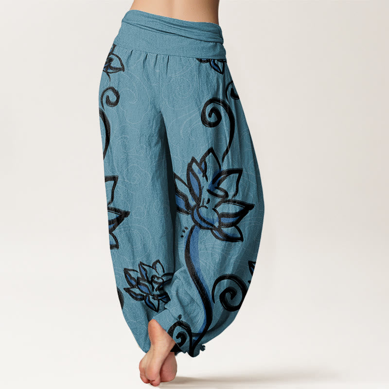 Pantalones harén con cintura elástica para mujer, diseño informal de nubes auspiciosas y Buddha Stones - image 5