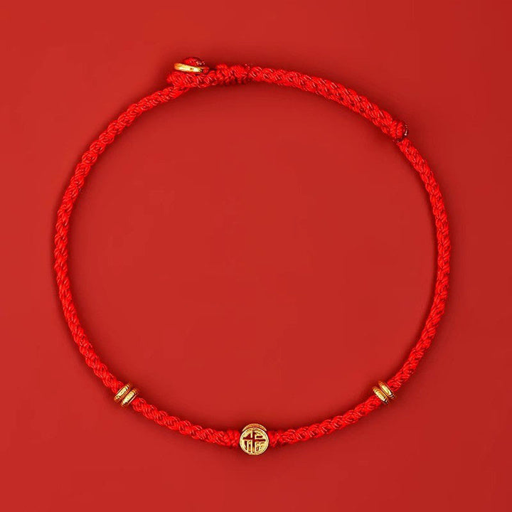 Pulsera de la suerte con el personaje Fu hecha a mano con hilo rojo trenzado y piedras de Buddha Stones en plata de ley 925 - image 2