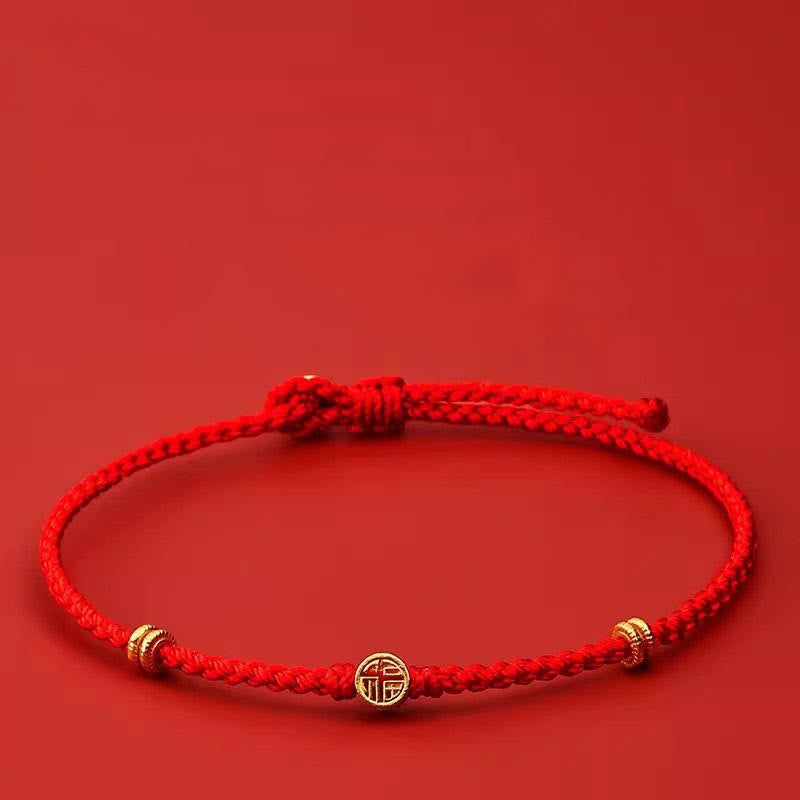 Pulsera de la suerte con el personaje Fu hecha a mano con hilo rojo trenzado y piedras de Buddha Stones en plata de ley 925 - Hilo rojo de plata de ley 925 (circunferencia de la muñeca: 14-19 cm) - image 0