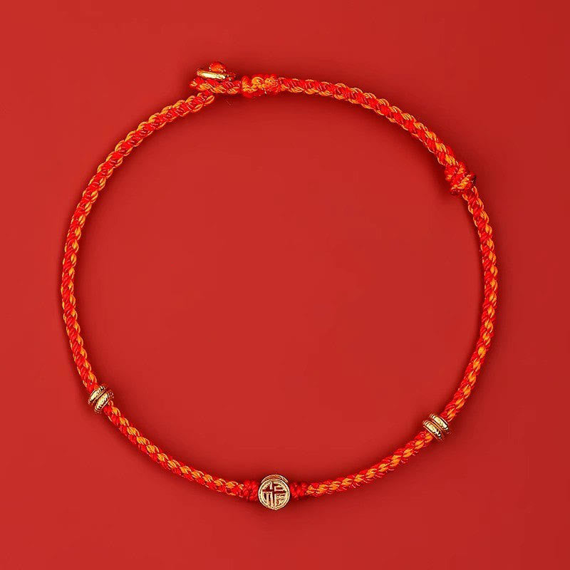 Pulsera de la suerte con el personaje Fu hecha a mano con hilo rojo trenzado y piedras de Buddha Stones en plata de ley 925 - Hilo de oro en plata de ley 925 (circunferencia de la muñeca: 14-19 cm) - image 15