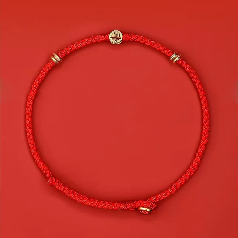 Pulsera de la suerte con el personaje Fu hecha a mano con hilo rojo trenzado y piedras de Buddha Stones en plata de ley 925