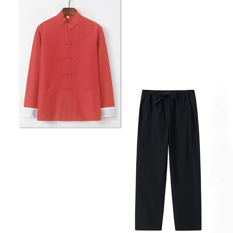 Conjunto de 2 piezas de camisa y pantalones de manga larga de algodón con botones de rana para hombre con Buddha Stones