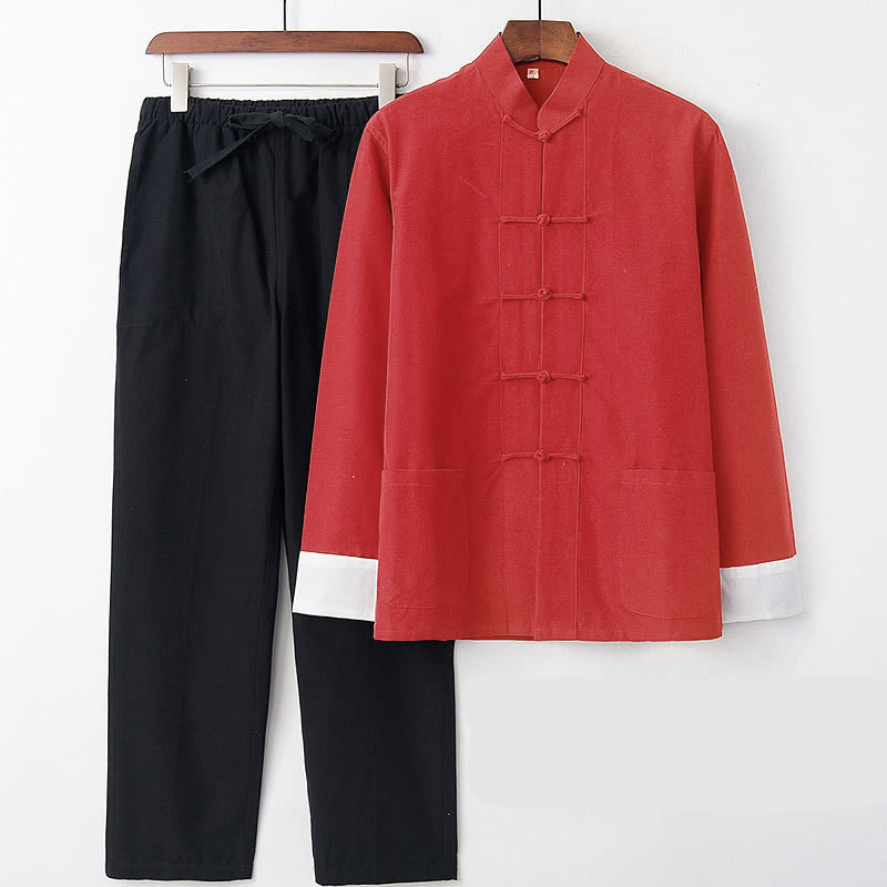 Conjunto de 2 piezas de camisa y pantalones de manga larga de algodón con botones de rana para hombre con Buddha Stones