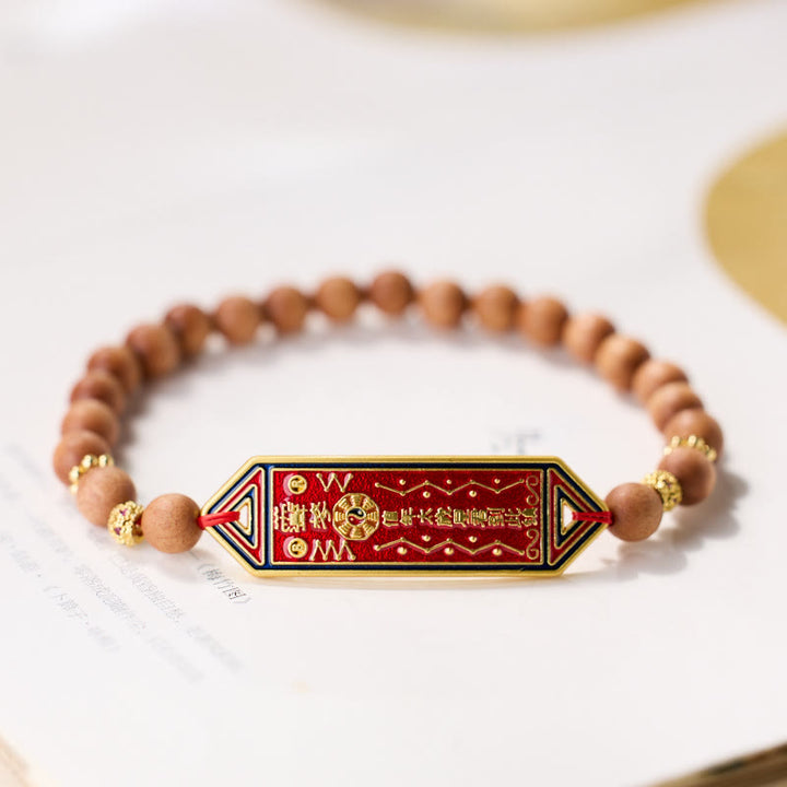 Pulsera de armonía con caracteres chinos Bagua Yin Yang de cobre bañado en oro con cuentas de madera de sándalo y Buddha Stones