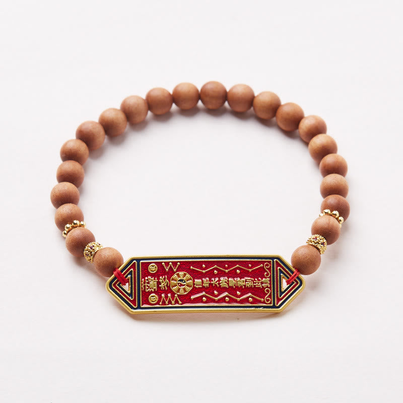Pulsera de armonía con caracteres chinos Bagua Yin Yang de cobre bañado en oro con cuentas de madera de sándalo y Buddha Stones