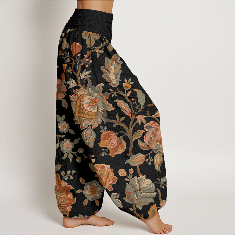 Pantalones harén con cintura elástica para mujer, diseño informal con flores y capullos en flor y Buddha Stones - image 2
