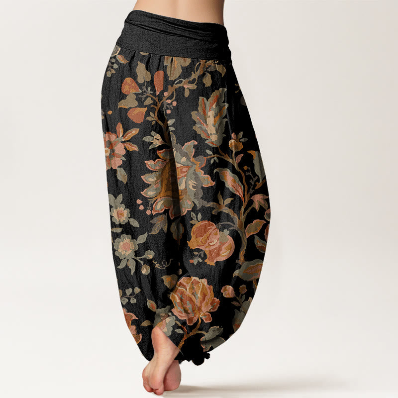 Pantalones harén con cintura elástica para mujer, diseño informal con flores y capullos en flor y Buddha Stones - image 2