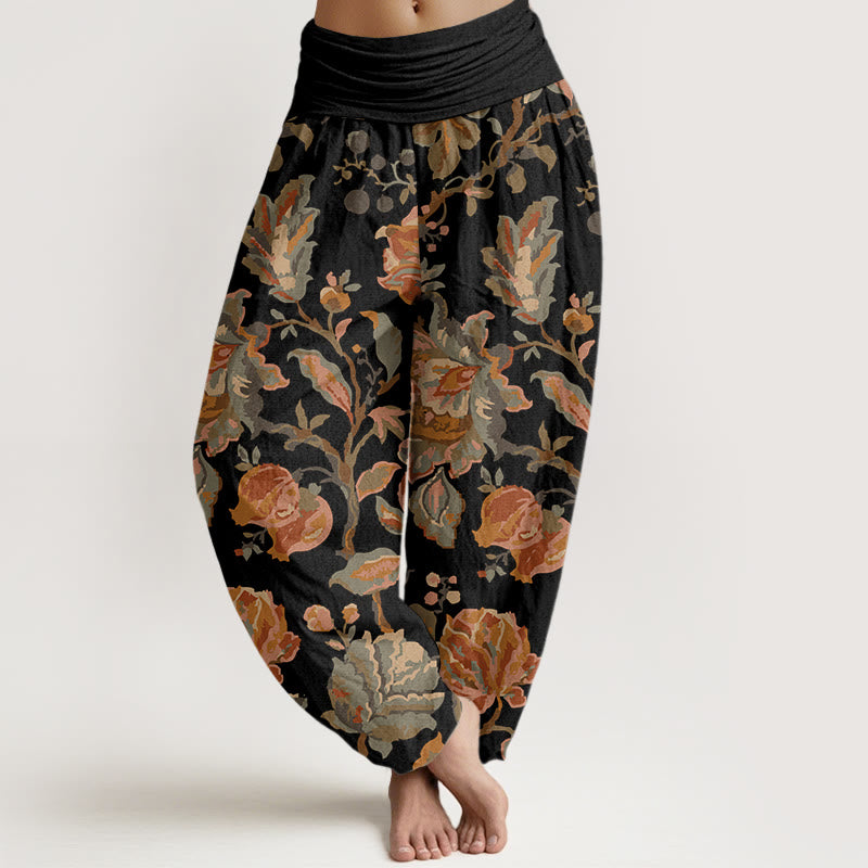 Pantalones bombachos de cintura elástica para mujer, de algodón, estilo casual, con diseño de capullos de flores y Buddha Stones. - Negro - US22，UK/AU26，EU54 (6XL) - image 0