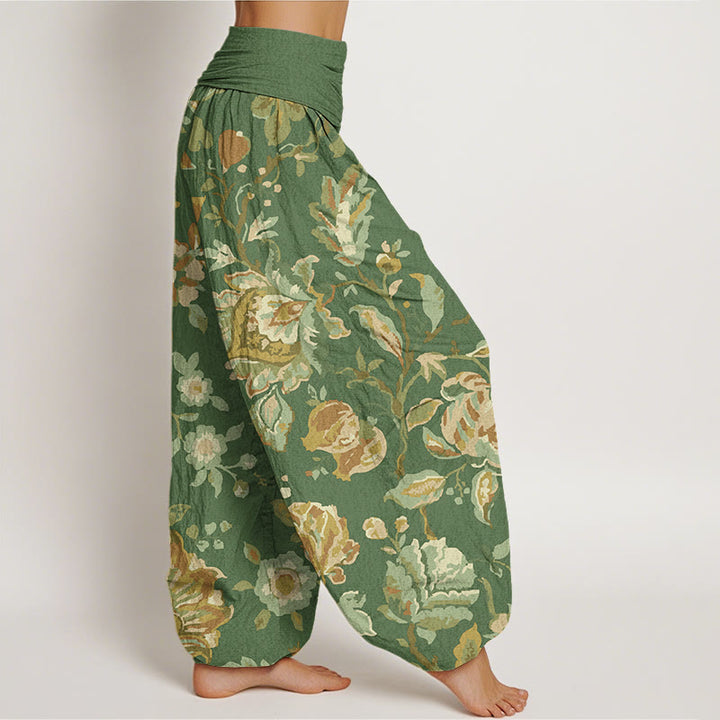 Pantalones harén con cintura elástica para mujer, diseño informal con flores y capullos en flor y Buddha Stones - image 6