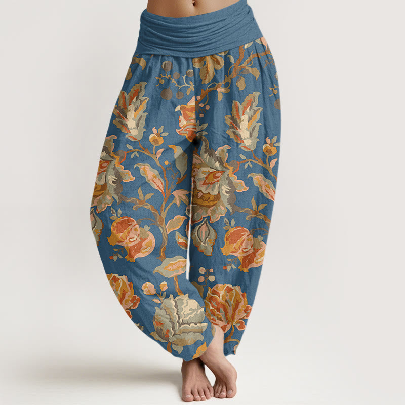 Pantalones harén con cintura elástica para mujer, diseño informal con flores y capullos en flor y Buddha Stones - Azul aciano - US22，UK/AU26，EU54 (6XL) - image 7