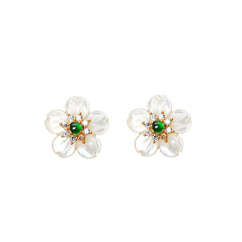 Pendientes de bendición de flor de jade con piedra Tridacna de plata de ley 925 de Buddha Stones