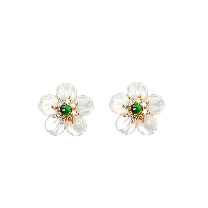 Pendientes de bendición de flor de jade con piedra Tridacna de plata de ley 925 de Buddha Stones