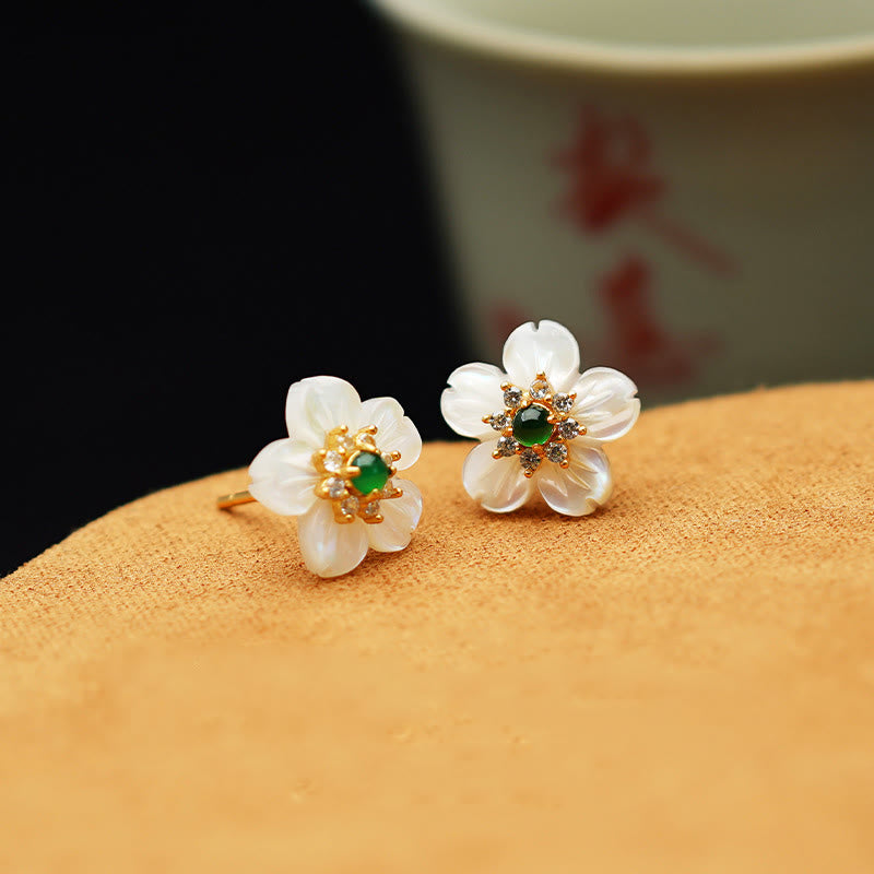 Pendientes de bendición de flor de jade con piedra Tridacna de plata de ley 925 de Buddha Stones