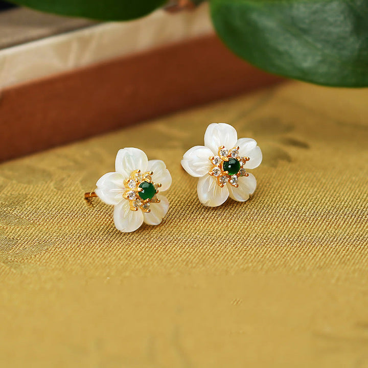 Pendientes de bendición de flor de jade con piedra Tridacna de plata de ley 925 de Buddha Stones
