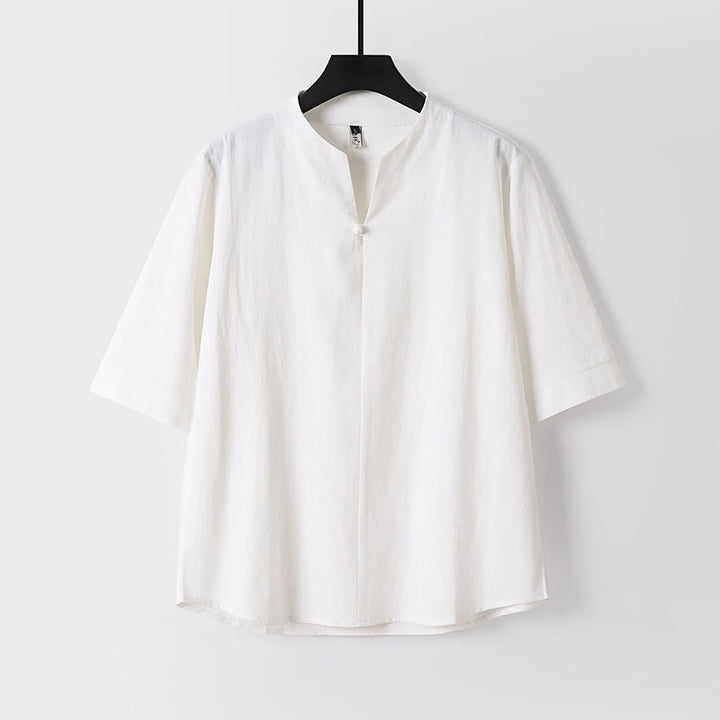 Camisa de lino y algodón con un botón y manga tres cuartos de color liso para hombre con Buddha Stones - Blanco - US/UK/AU54, EU64 (9XL) - image 1