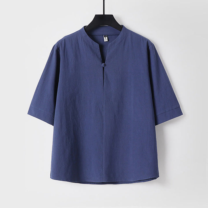 Camisa de hombre de manga tres cuartos con un botón y estampado de Buddha Stones, color liso. - Azul oscuro - US/UK/AU54, EU64 (9XL) - image 4