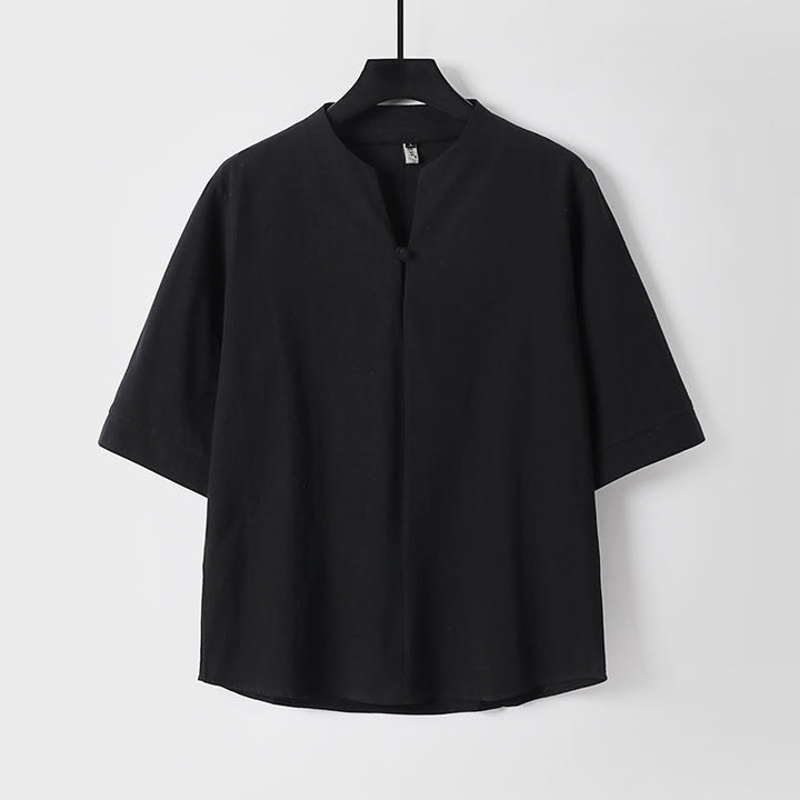 Camisa de hombre de manga tres cuartos con un botón y estampado de Buddha Stones, color liso. - Negro - US/UK/AU54, EU64 (9XL) - image 0