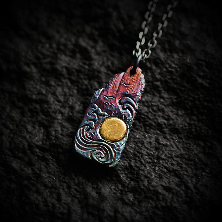 Collar con colgante de equilibrio de sol y ondas de oro de 24 k y plata de ley 999 con Buddha Stones - Cadena de acero de titanio y plata de ley 999 - image 0