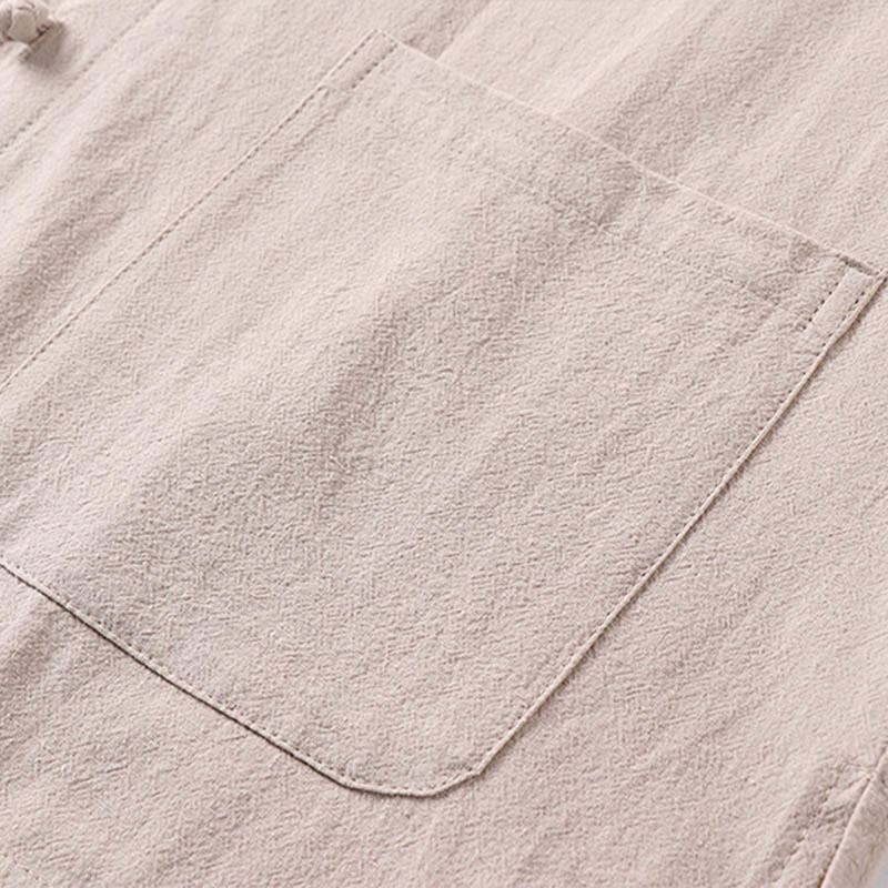 Buddha Stones Camisa informal de lino y algodón con botones delanteros y mangas tres cuartos de color liso para hombre con bolsillos