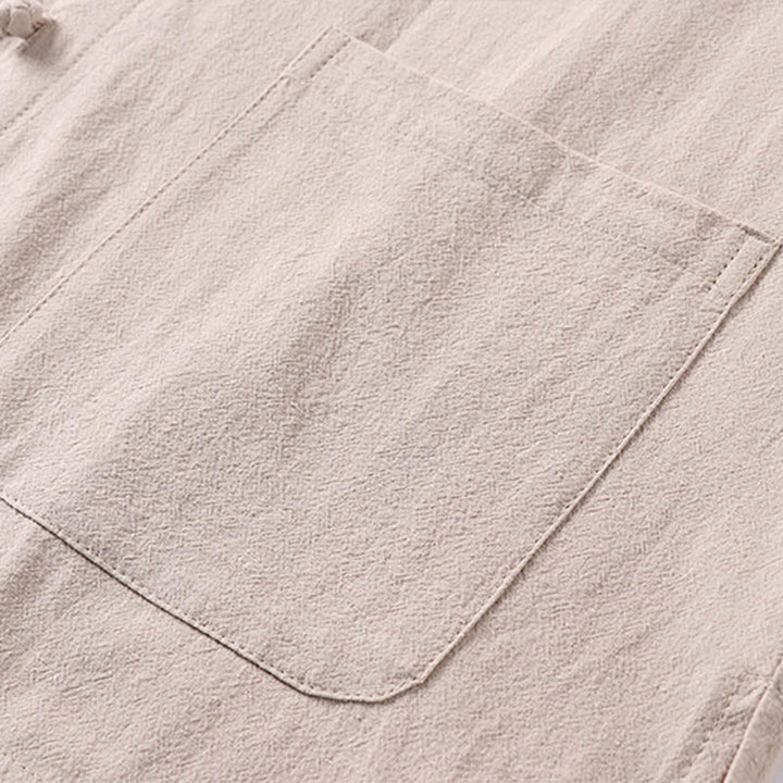 Buddha Stones Camisa informal de lino y algodón con botones delanteros y mangas tres cuartos de color liso para hombre con bolsillos