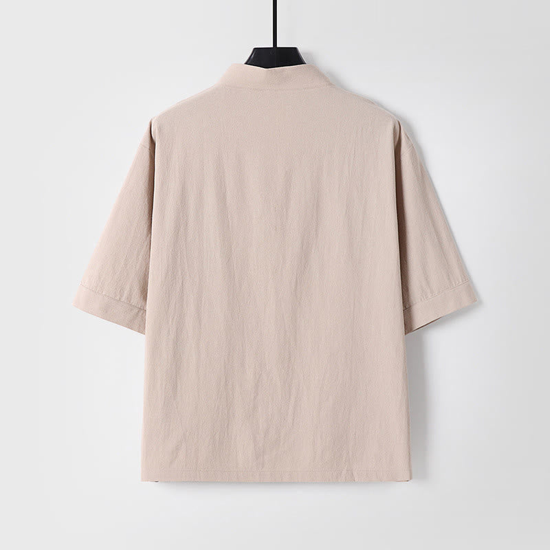 Buddha Stones Camisa informal de lino y algodón con botones delanteros y mangas tres cuartos de color liso para hombre con bolsillos - image 1