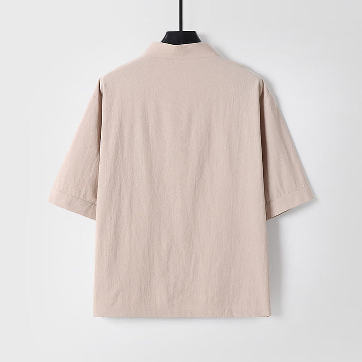 Buddha Stones Camisa informal de lino y algodón con botones delanteros y mangas tres cuartos de color liso para hombre con bolsillos - image 1