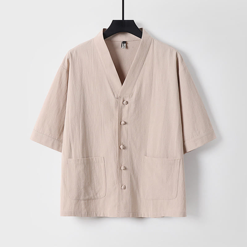 Buddha Stones Camisa informal de lino y algodón con botones delanteros y mangas tres cuartos de color liso para hombre con bolsillos - Trigo - US/UK/AU54, EU64 (9XL) - image 0