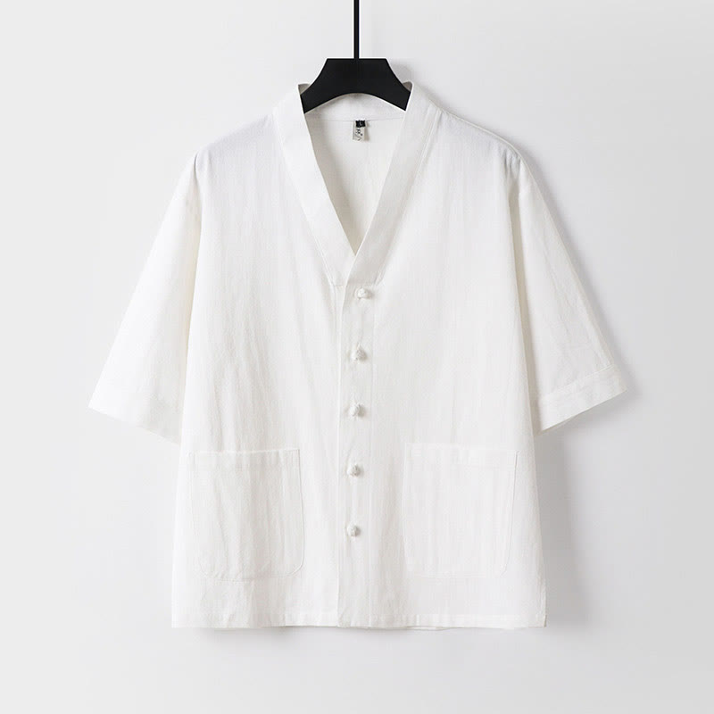 Buddha Stones Camisa informal de lino y algodón con botones delanteros y mangas tres cuartos de color liso para hombre con bolsillos - Blanco - US/UK/AU54, EU64 (9XL) - image 9