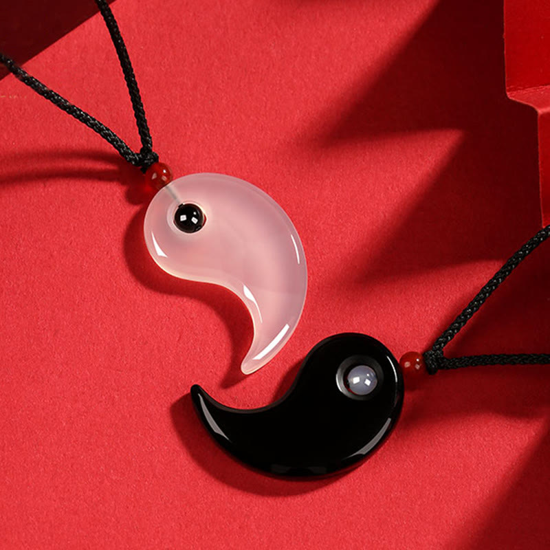 Collar con colgante de pareja de la suerte con diagrama de Yin Yang Tai Chi y piedras de Buddha Stones, ónix negro y ágata blanca - image 3