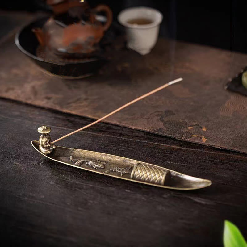 Quemador de incienso de aleación de zinc con forma de pez koi y barco de pescador con Buddha Stones, decoración curativa - image 5