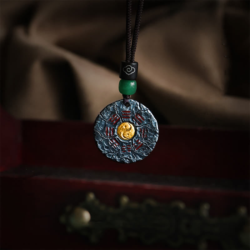 Collar con colgante de armonía con diseño de Yin Yang, Tai Chi, Bagua, oro de 24 quilates y plata de ley 999 con Buddha Stones - Cadena de cuerda de algodón y plata de ley 999 - image 0
