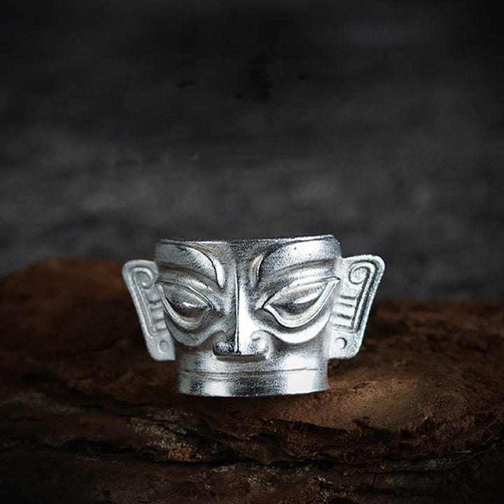 Anillo de protección con máscara de Sanxingdui de plata de ley 999 fundida a mano con Buddha Stones - image 8