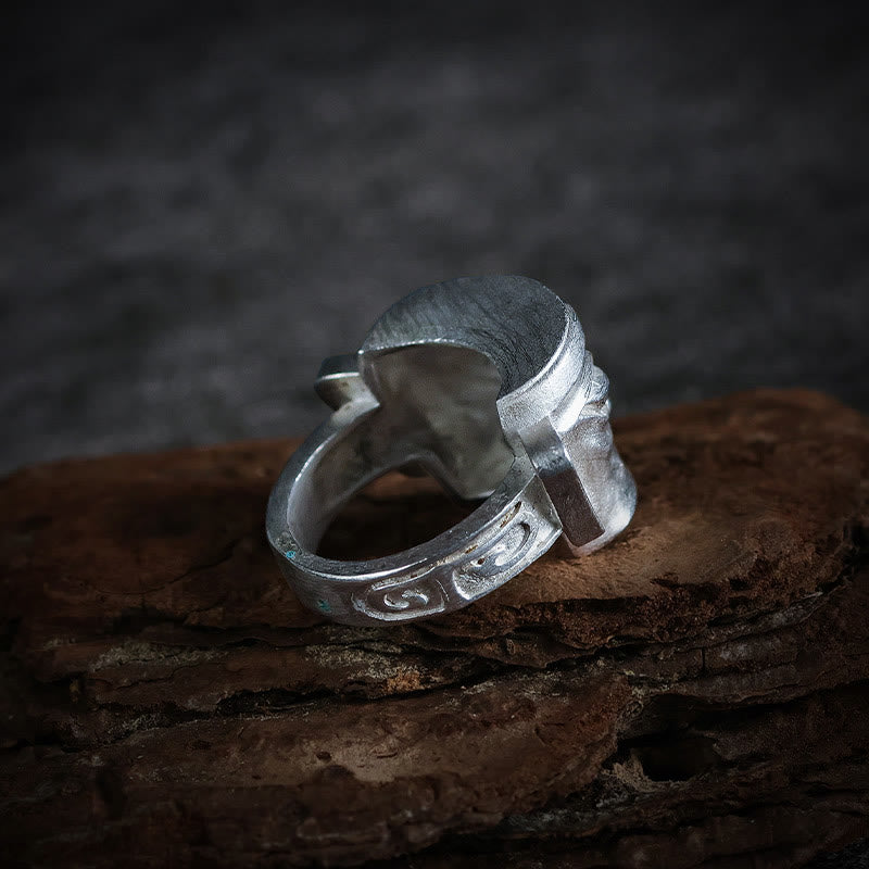 Anillo de protección con máscara de Sanxingdui de plata de ley 999 fundida a mano con Buddha Stones - image 4