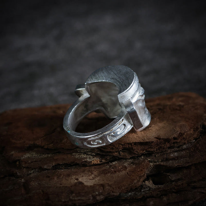 Anillo de protección con máscara de Sanxingdui de plata de ley 999 fundida a mano con Buddha Stones - image 4