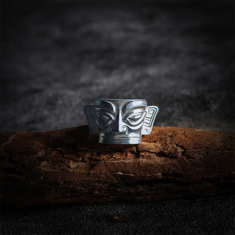 Anillo de protección con máscara de Sanxingdui de plata de ley 999 fundida a mano con Buddha Stones - Plata de ley 999 - US10 - image 0