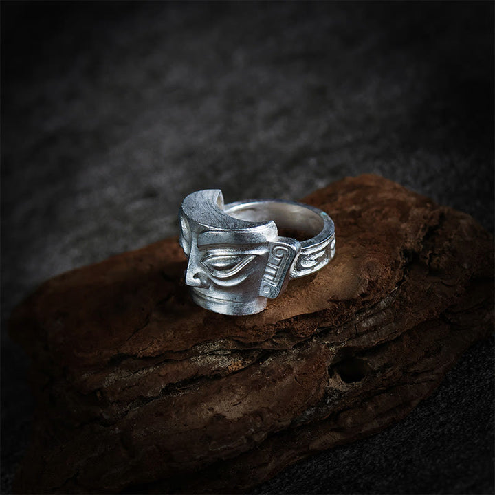 Anillo de protección con máscara de Sanxingdui de plata de ley 999 fundida a mano con Buddha Stones - image 3