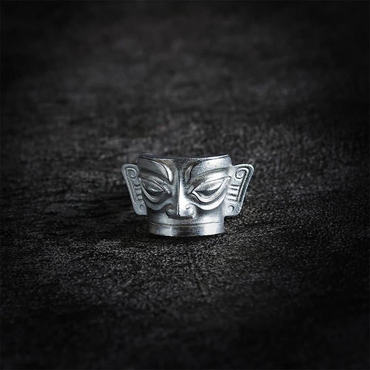 Anillo de protección con máscara de Sanxingdui de plata de ley 999 fundida a mano con Buddha Stones - image 9