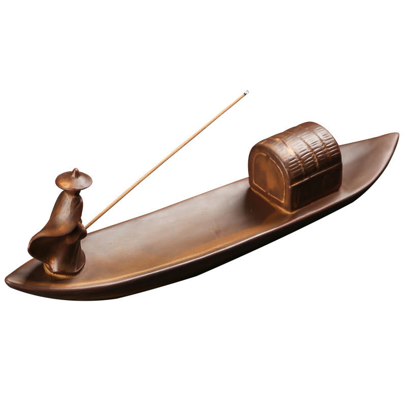 Quemador de incienso de cerámica con Buddha Stones , con forma de pescador, barco de pesca, bambú, curación espiritual, loto