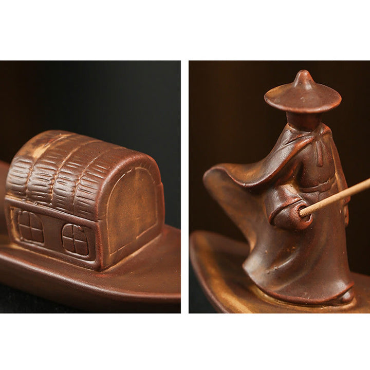 Quemador de incienso de cerámica con Buddha Stones , con forma de pescador, barco de pesca, bambú, curación espiritual, loto - image 5