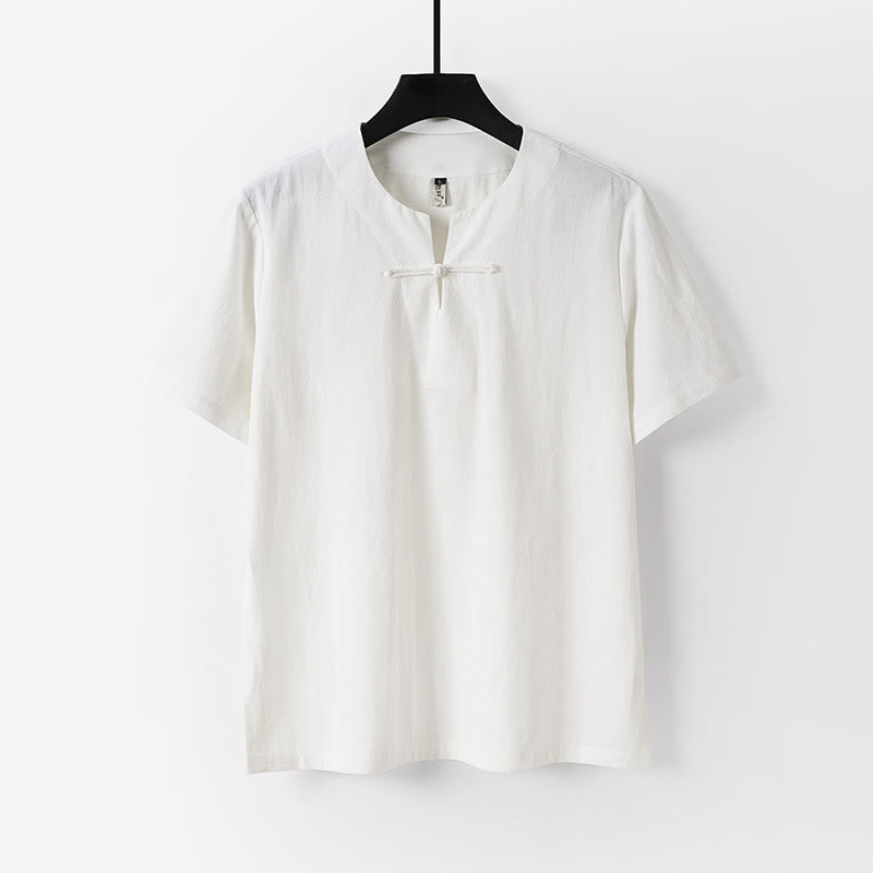 Camisa de lino y algodón con botones de rana y manga corta de color liso con Buddha Stones para hombre - Blanco - US/UK/AU54, EU64 (9XL) - image 1