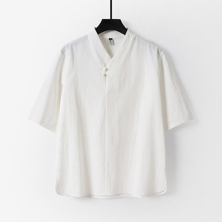 Camisa de lino y algodón con mangas tres cuartos y dos botones de color liso para hombre con estampado de Buddha Stones