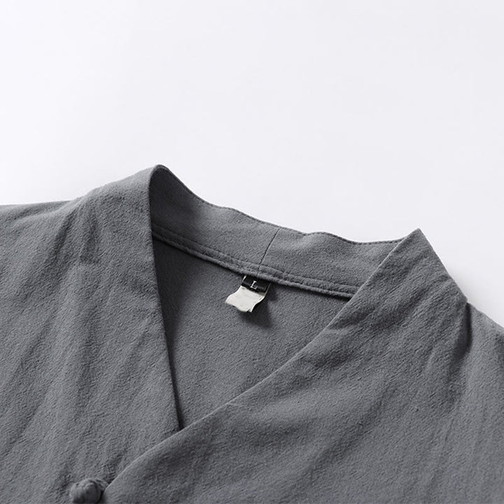 Camisa de lino y algodón con mangas tres cuartos y dos botones de color liso para hombre con estampado de Buddha Stones