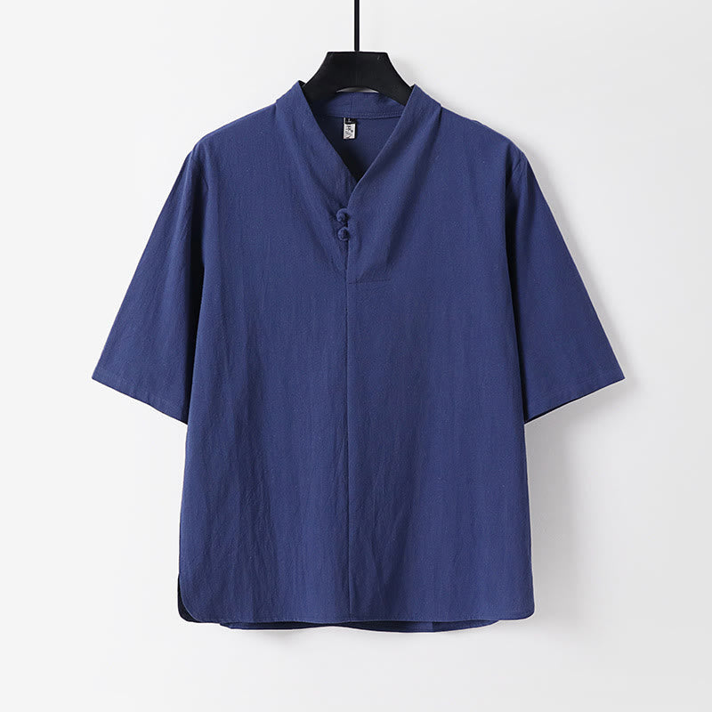 Camisa de lino y algodón con mangas tres cuartos y dos botones de color liso para hombre con estampado de Buddha Stones - Azul oscuro - US/UK/AU54, EU64 (9XL) - image 0