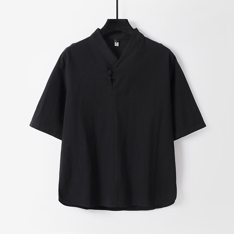 Camisa de lino y algodón con mangas tres cuartos y dos botones de color liso para hombre con estampado de Buddha Stones